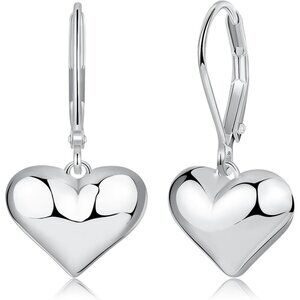 Silver Puffed Heart Leverback Dangle Drop Hypoallergenic Earring for Women